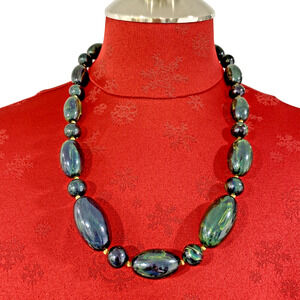Vintage 1980's Chunky Green & Gold Beaded Necklace Mod Abstract Boss Lady Collar